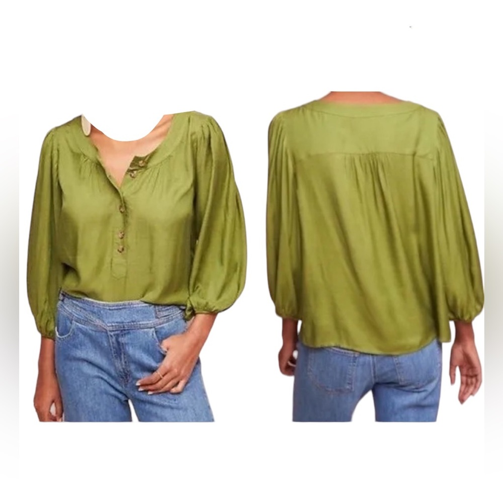 Anthropologie Medium Maeve Kalas green long sleeve button top blouse